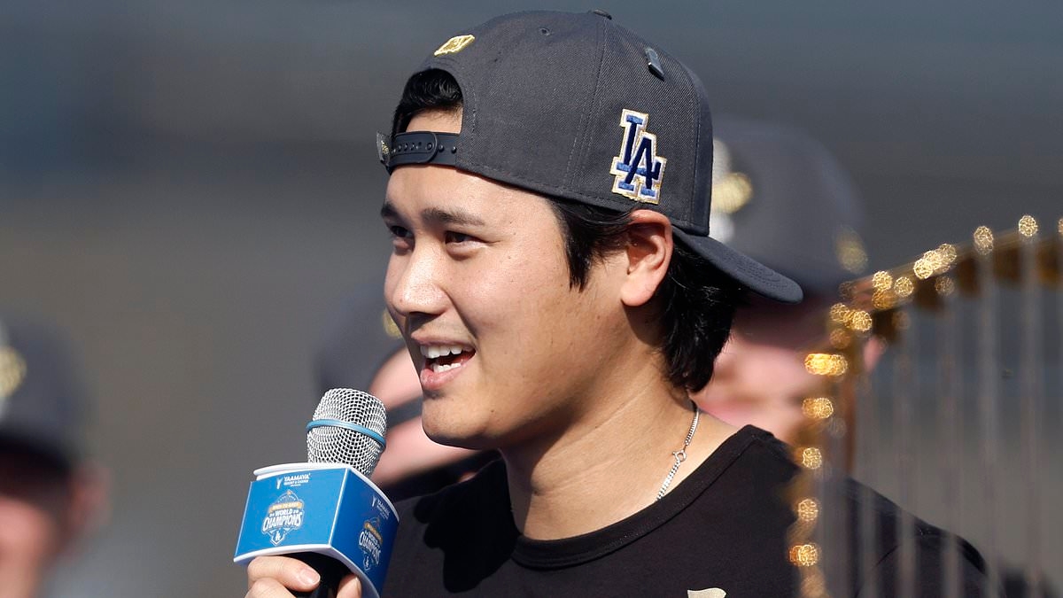 Shohei Ohtani makes rare speech in English as Dodgers star's wife soaks up the spotlight at World Series parade