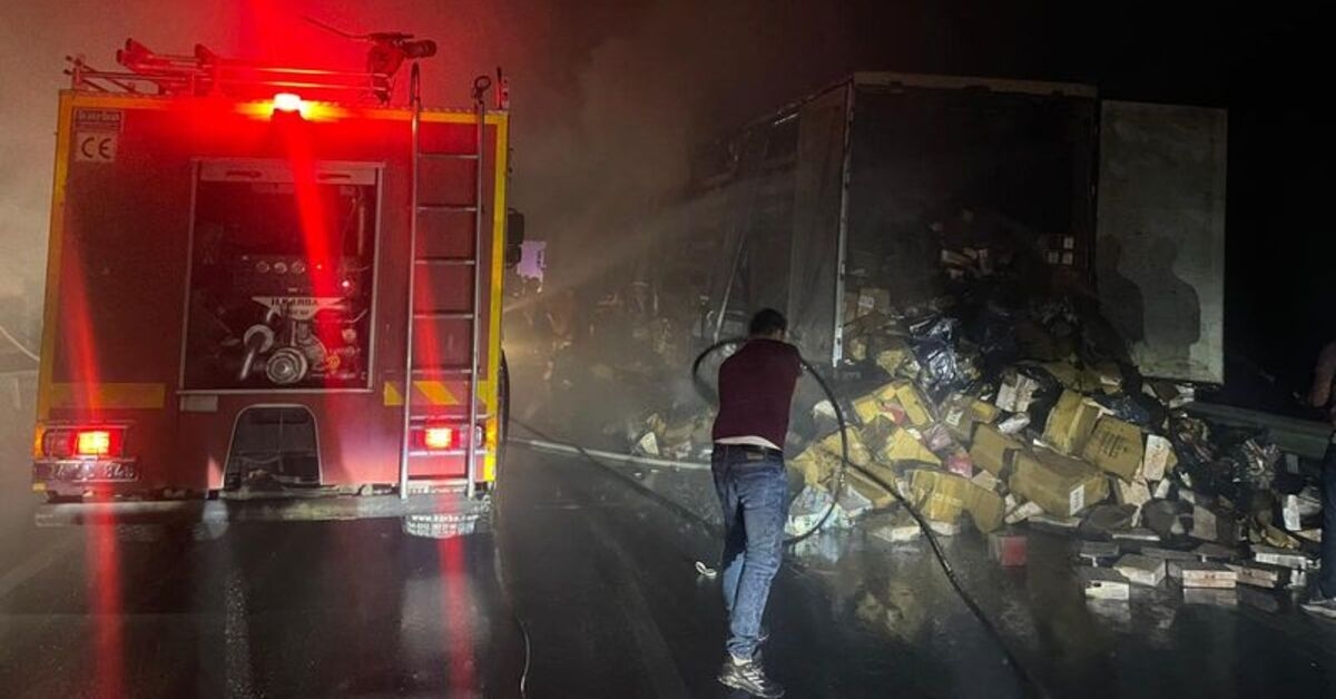 A truck loaded with fabric and cosmetics caught fire