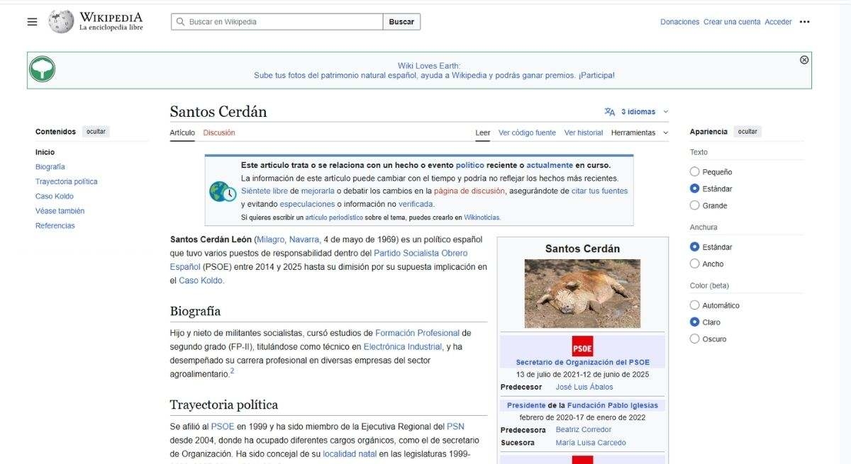 Santos Cerdán's Wikipedia profile picture has been modified to include an image of an animal.