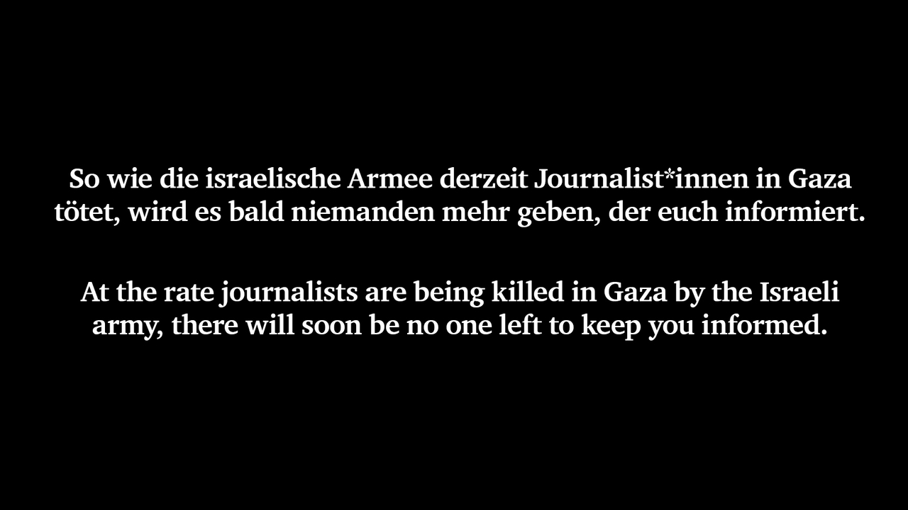 Protestaktion von »Reporter ohne Grenzen« | Gaza: Wo niemand mehr berichten kann, bleiben Bildschirme schwarz